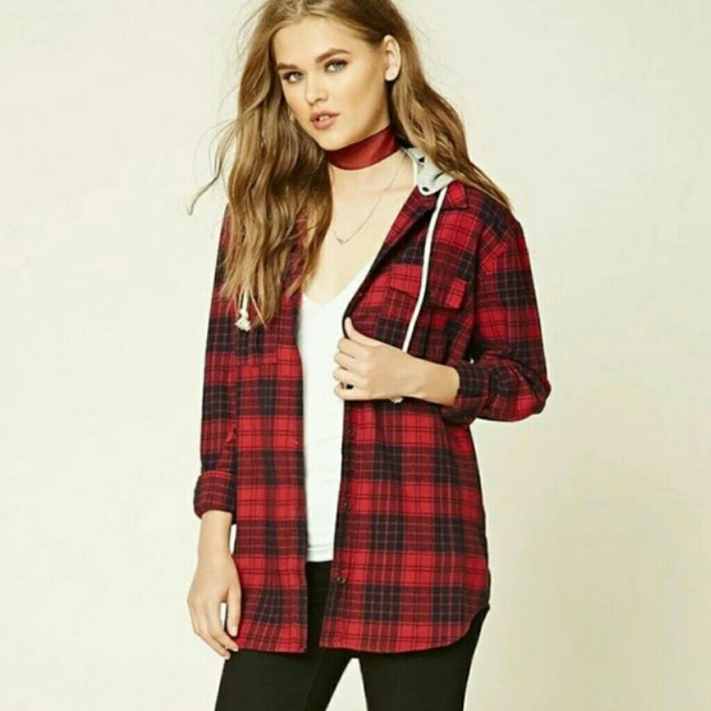 Red button down plaid long sleeve hoodie shirt